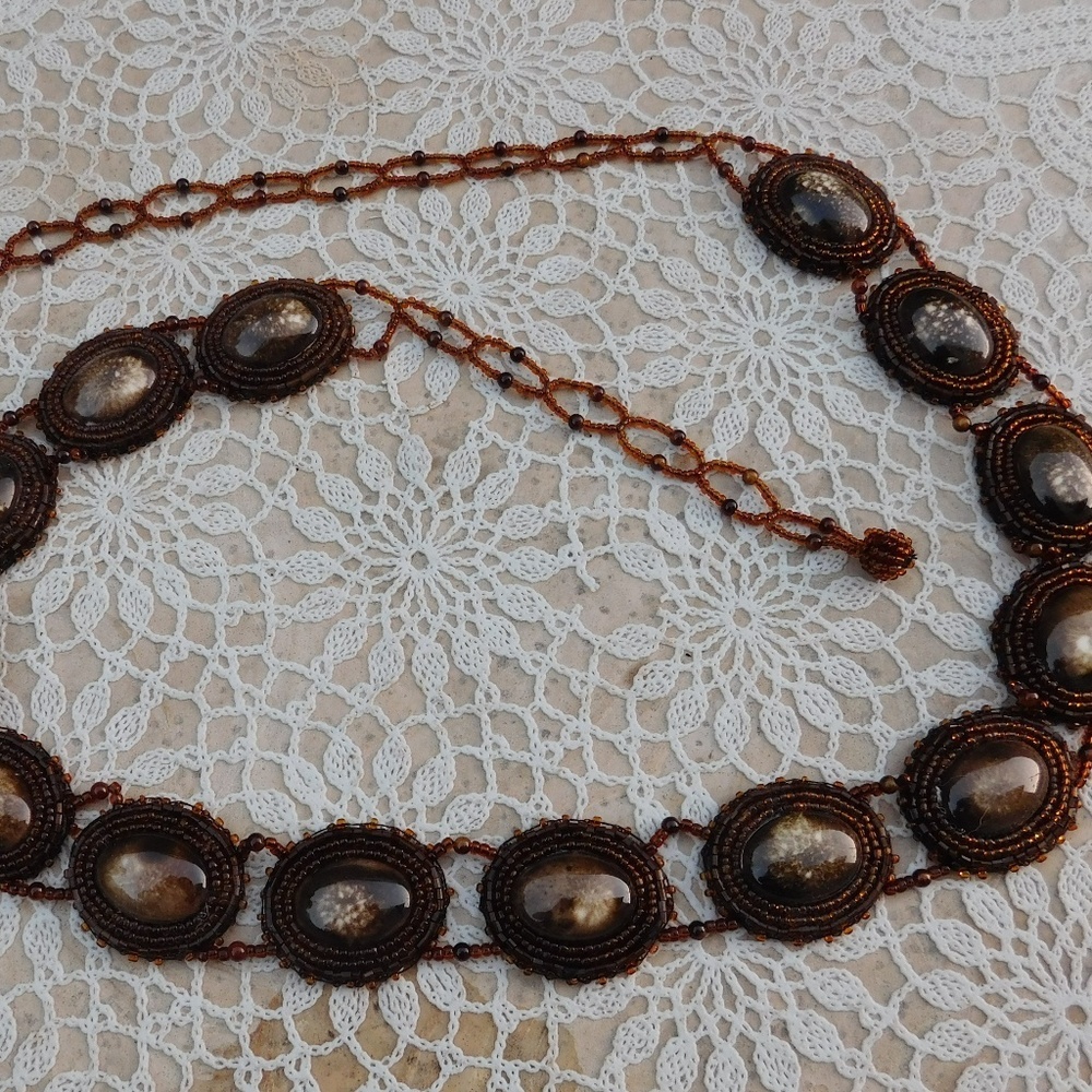 Vintage Beaded Cabochon Belt Bezel Brown Handmade